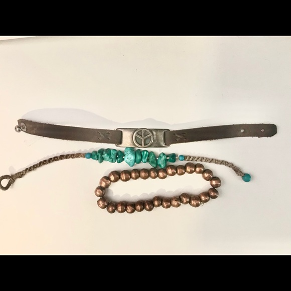 Leather, turquoise, copper layering bracelets - Picture 1 of 2
